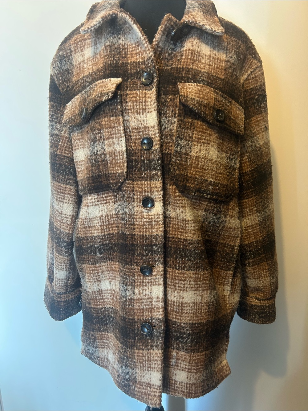 Only Brown Plaid Button-Front Shacket Jacket